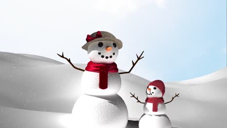 Animation-of-snowflakes-falling-over-snowman-in-winter-scenery