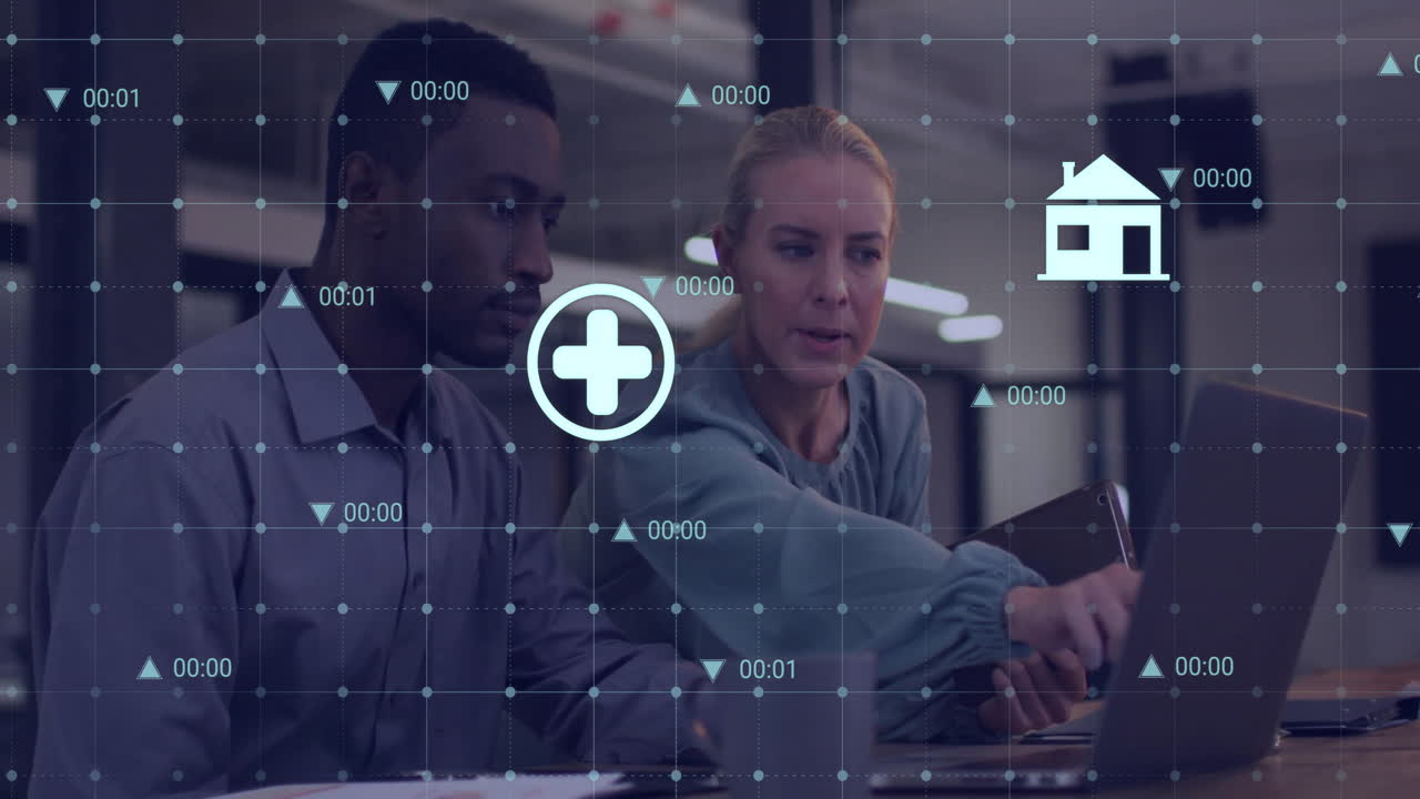 Animation of data processing and media icons over diverse colleagues discussing work