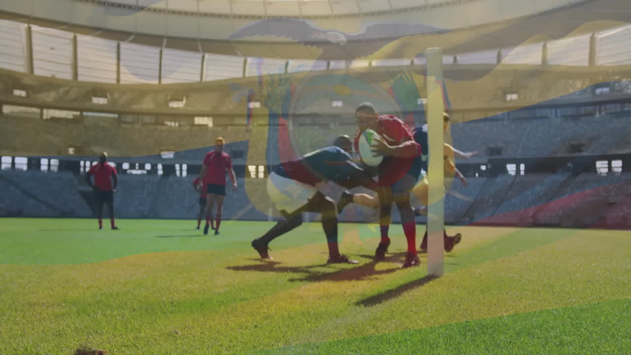 Rugby players on field with Ecuador flag animation overlay in stadium