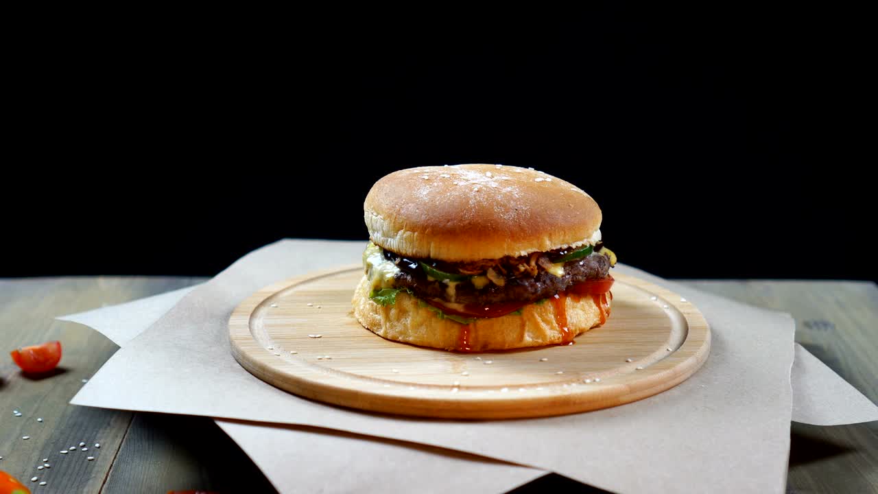 la hamburguesa fresca y jugosa está girando rápidamente sobre un fondo negro.