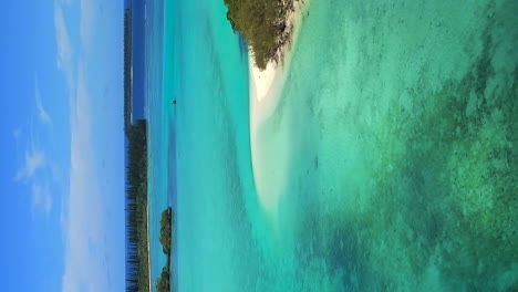 Turquoise-waters-and-pristine-beaches-on-the-forested-Isle-of-Pines---vertical-aerial-flyover