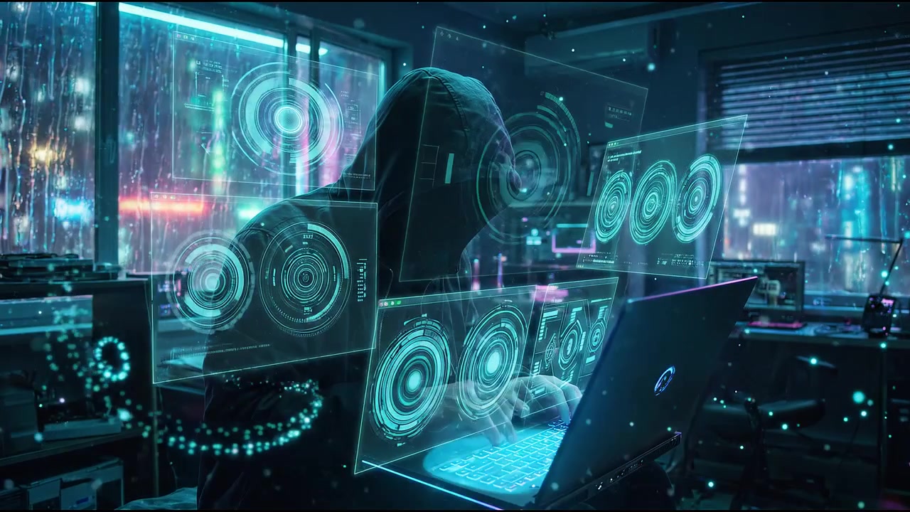 Anonymous cyber criminal using laptop with holographic coding interfaces in dark futuristic technology environment