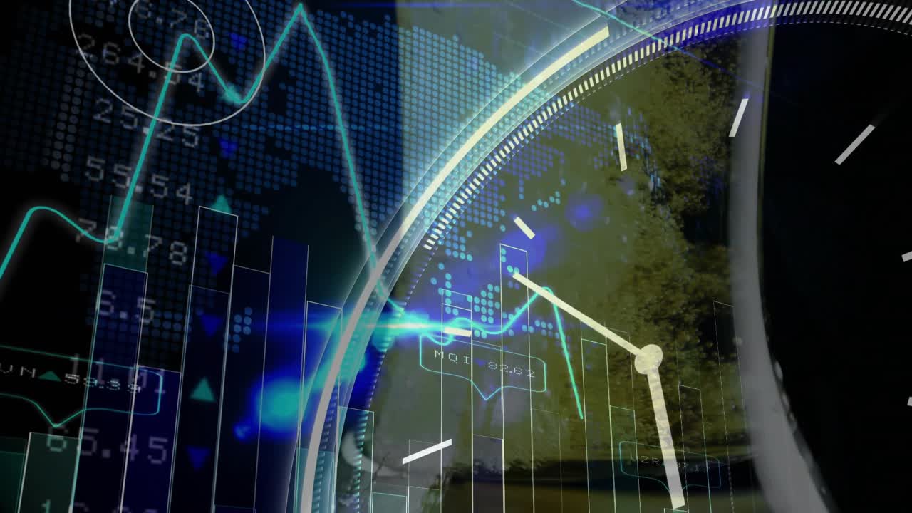 On playback, big clock rim rotating, guiding cyan wave, pulsing node highlighting market peaks