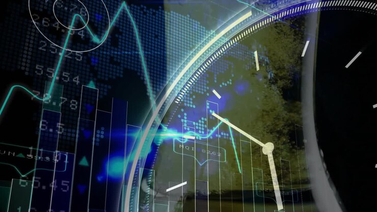 On playback, big clock rim rotating, guiding cyan wave, pulsing node highlighting market peaks