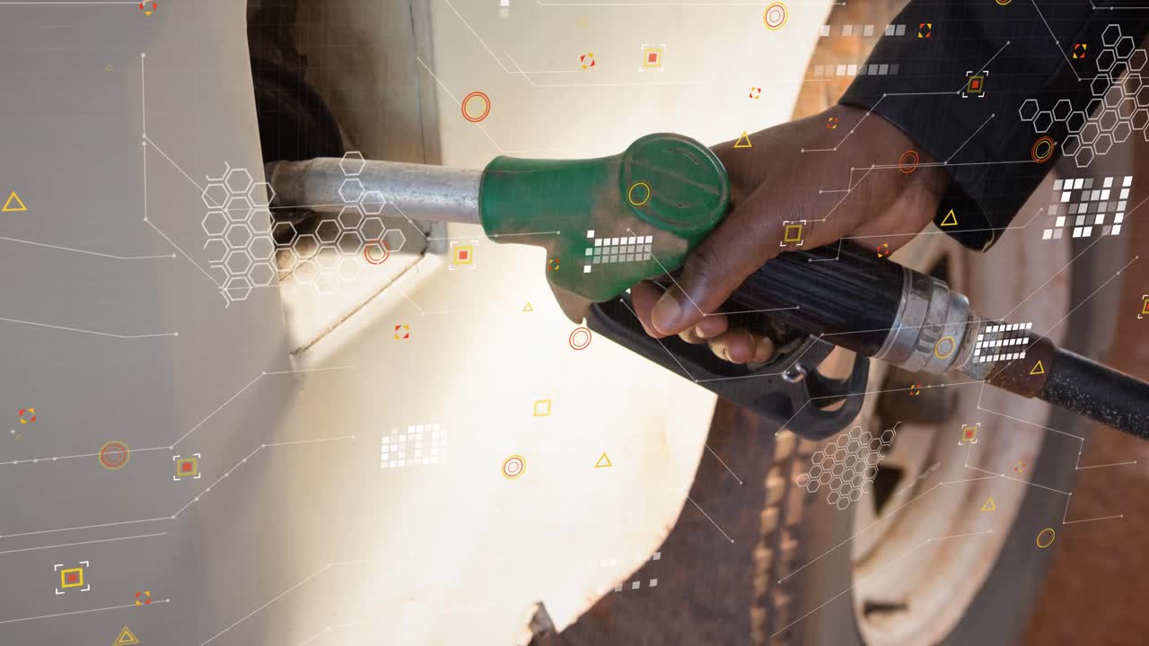 데이터 프로세싱의 애니메이션과 아프리카계 미국인 남성들이 연료를 채우는 세계