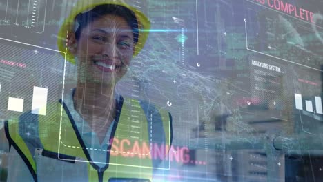 Animation-of-data-processing-and-world-map-over-biracial-female-worker