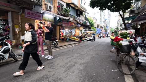 vibrant street market with vendors and shoppers