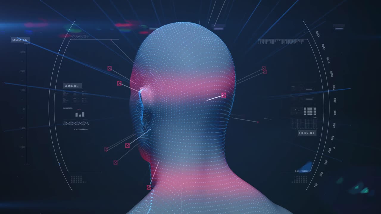 modelo de cabeza humana girando contra el procesamiento de datos en fondo negro