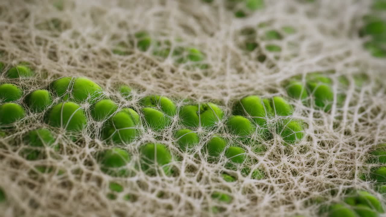 Primo piano di semi verdi sotto micelio fibroso, ife in timelapse che strisciano su una linea di semi a forma di perla, con bassa profondità di campo e morbidezza