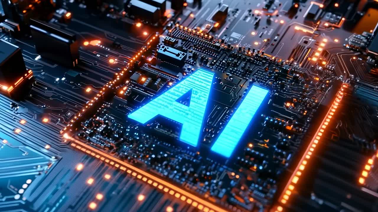 Close-up video of a glowing AI chip on a circuit board, showcasing futuristic technology