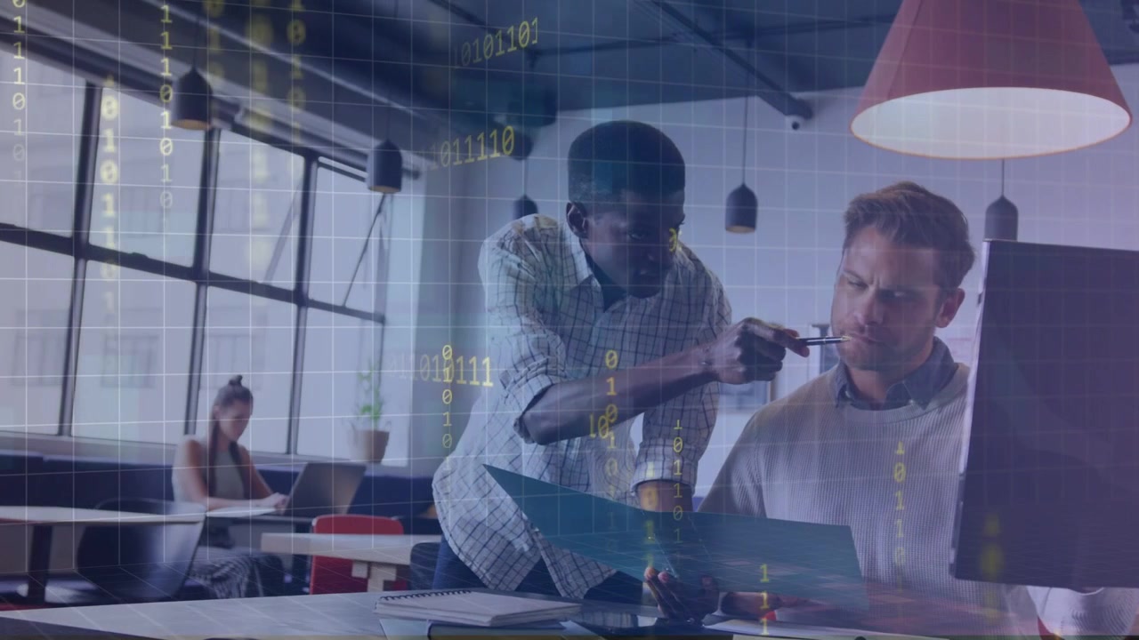 Standing coworker leaning in, guiding seated coworker signing business folder with binary overlay