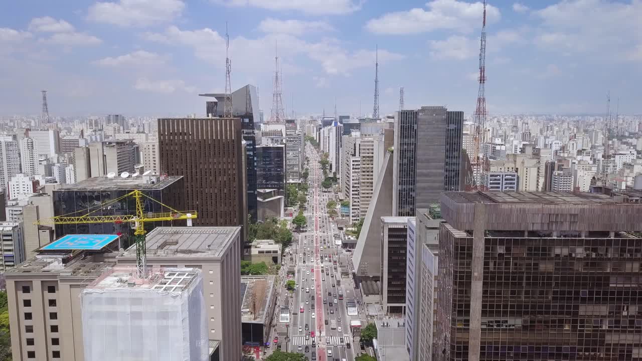 Sao Paulo's city center with Avenida Paulista street in Brazil- a static aerial drone shot on a busy summer day