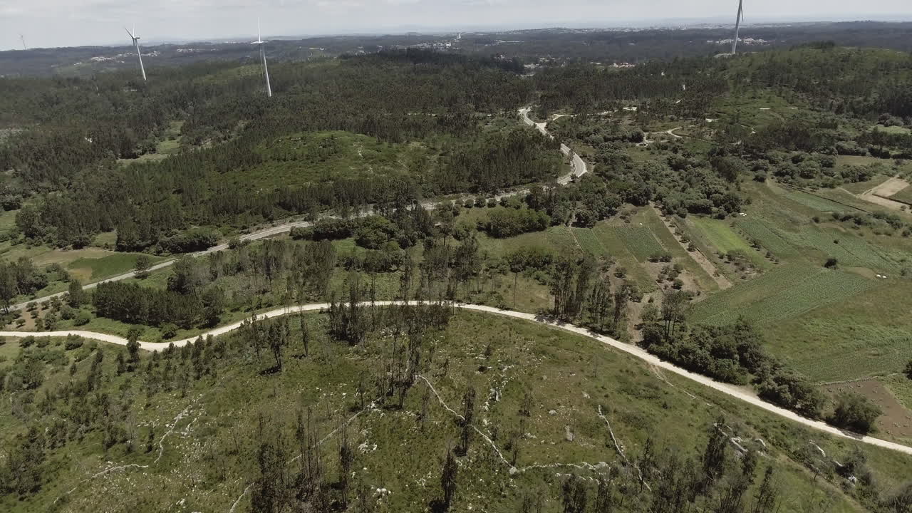 Roads and wind turbines in Reguengo Do Fetal, Leiria, Portugal - Aerial
