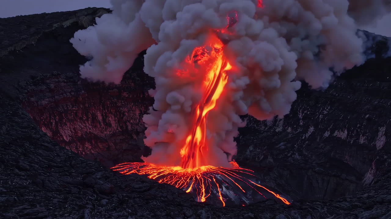 Dramatic Volcanic Eruption with Lava Flow and Smoke Plume