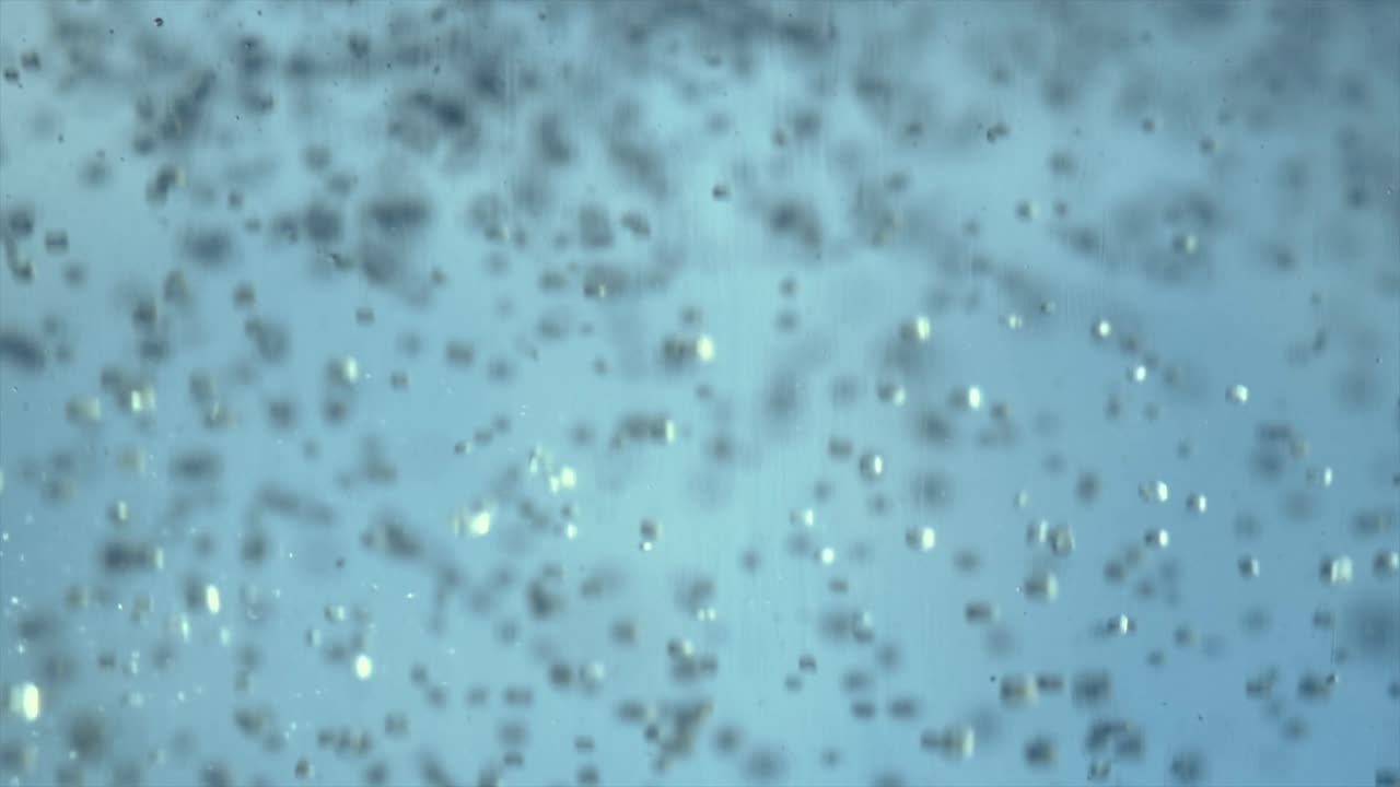 수많은 설탕 크리스털이 물에 떨어지고, 슬로우 모션으로 촬영되고, 빛이 크리스털의 일부를 비춥니다
