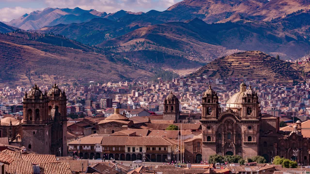 Timelapse of Cusco’s City Main Square and Cathedral with Majestic Mountain Backdrop