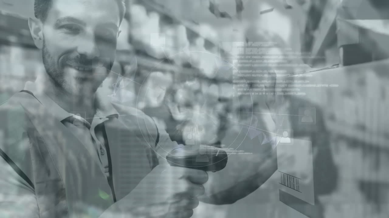 paquete de escaneo de trabajador de almacén con globo digital