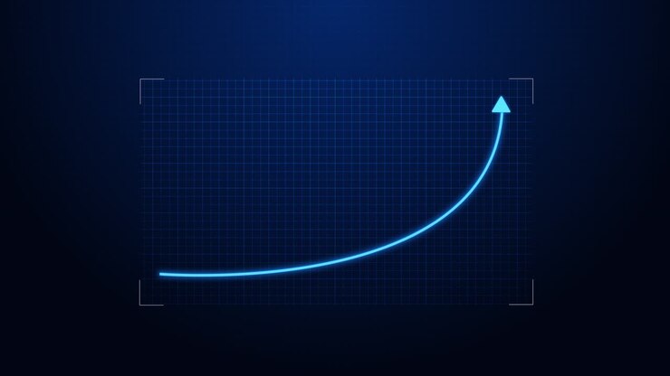 Stigende kurvegraf som gløder på et digitalt rutenett for vekst, fremgang og suksess innen futuristiske finansdata.