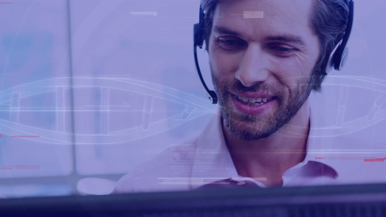 Animazione di interferenze ed elaborazione dati su diverse persone d'affari che indossano cuffie telefoniche.