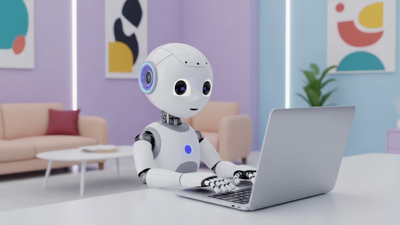 Curious Robot Engaged in Technology: Exploring the Digital World Through a Laptop in a Modern Living Room Setting
