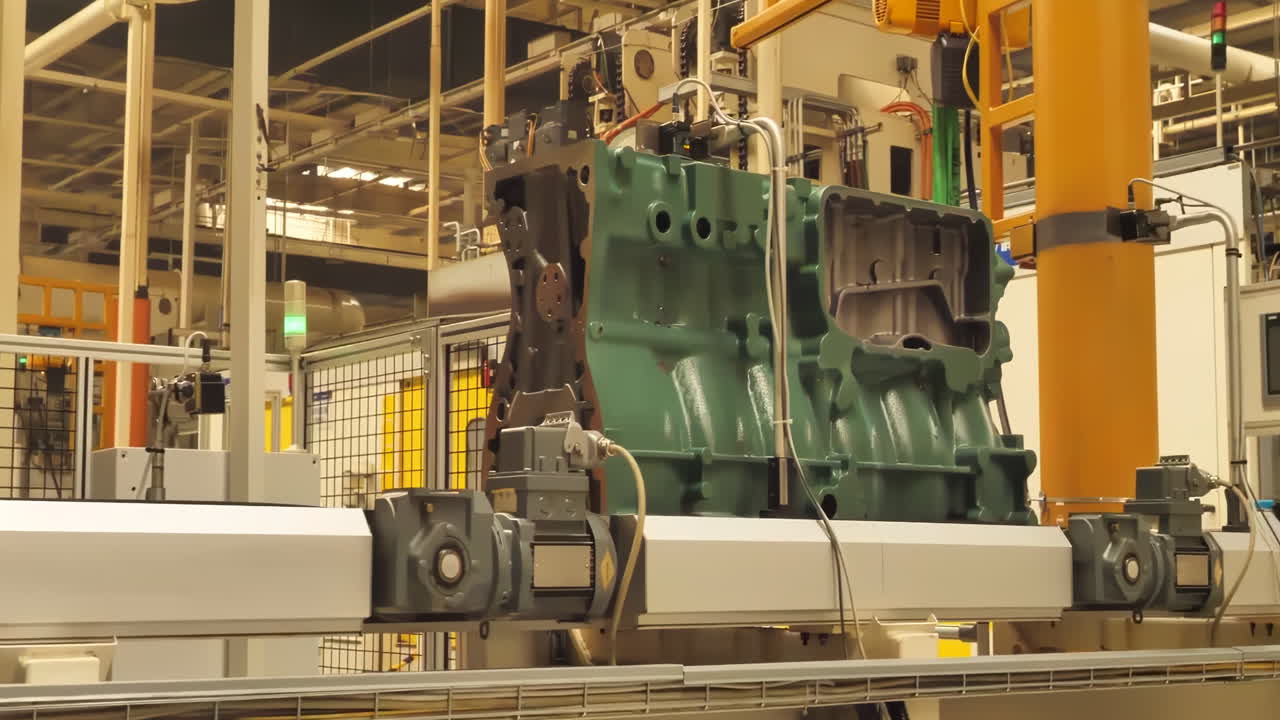 Assembly line workers in engines heavy duty truck car factory assembling parts of a vehicle, with robotic arms aiding production.