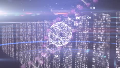 animación del procesamiento de datos financieros con el globo sobre el paisaje urbano