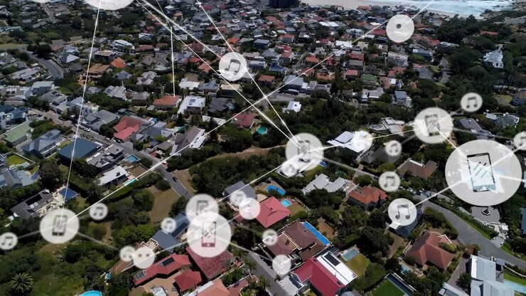 Animation of network of connections with icons over cityscape