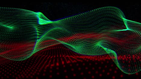 Animación-De-Una-Estructura-De-Malla-Verde-Curva-Sobre-Un-Paisaje-Ondulado-Rojo-En-3D-Sobre-Fondo-Negro.