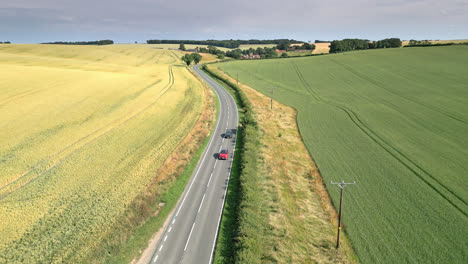 Drone-captures-UK-countryside,-rich-crop-fields-of-wheat-and-barley,-country-road