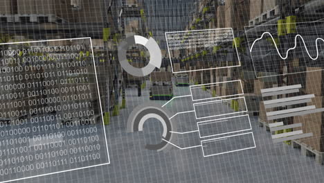 animazione di diagrammi e elaborazione dei dati su macchine che lavorano in magazzino