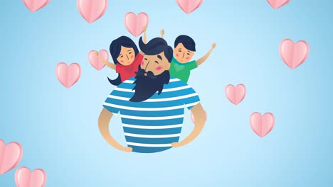 파란색 배경 에  ⁇ 안고 있는 가족 의 애니메이션