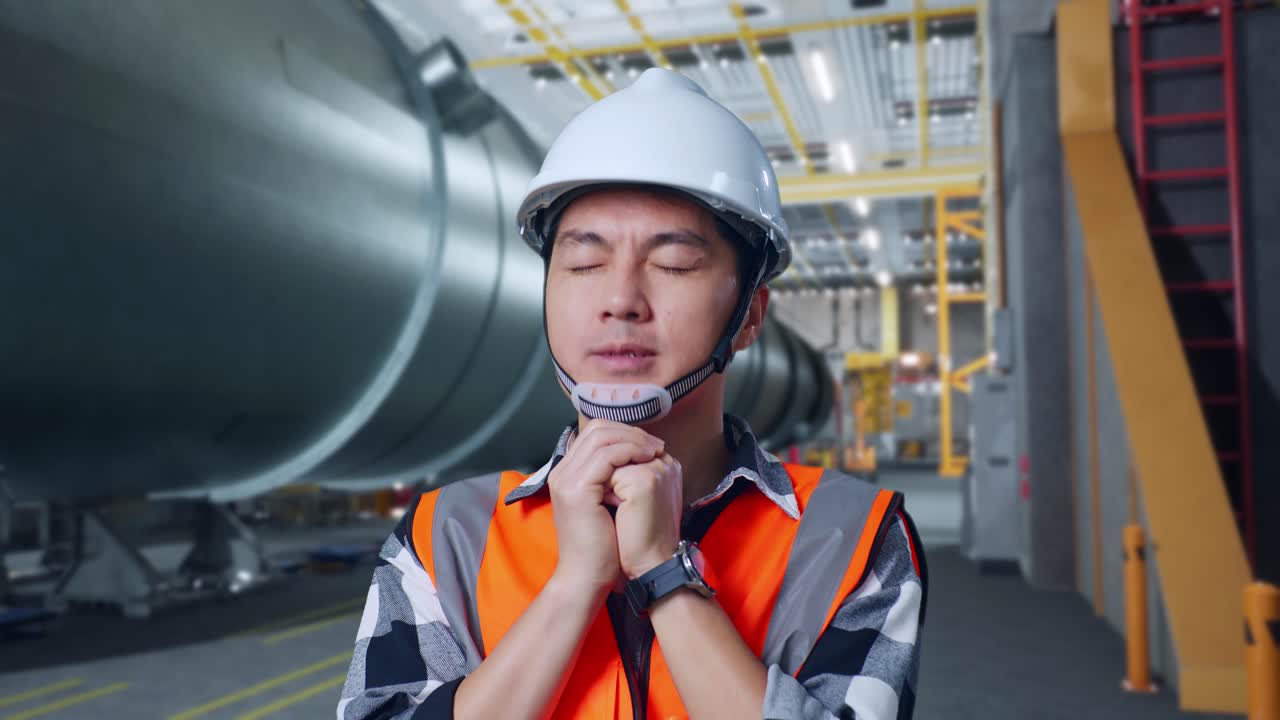 안전 헬을 입은 아시아 남성 엔지니어가 파이프 제조 공장에서 서서 무언가를 위해 기도합니다.
