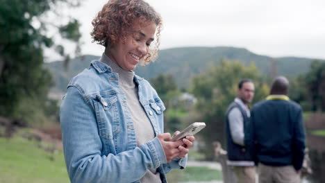 happy, typing and woman with a phone in nature