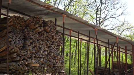 An-Einem-Sonnigen-Frühlingstag-Stapelte-Sich-Ein-Holzhaufen-Unter-Einem-Metalldach