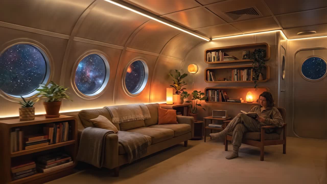 Mujer leyendo un libro en un acogedor interior de nave espacial futurista