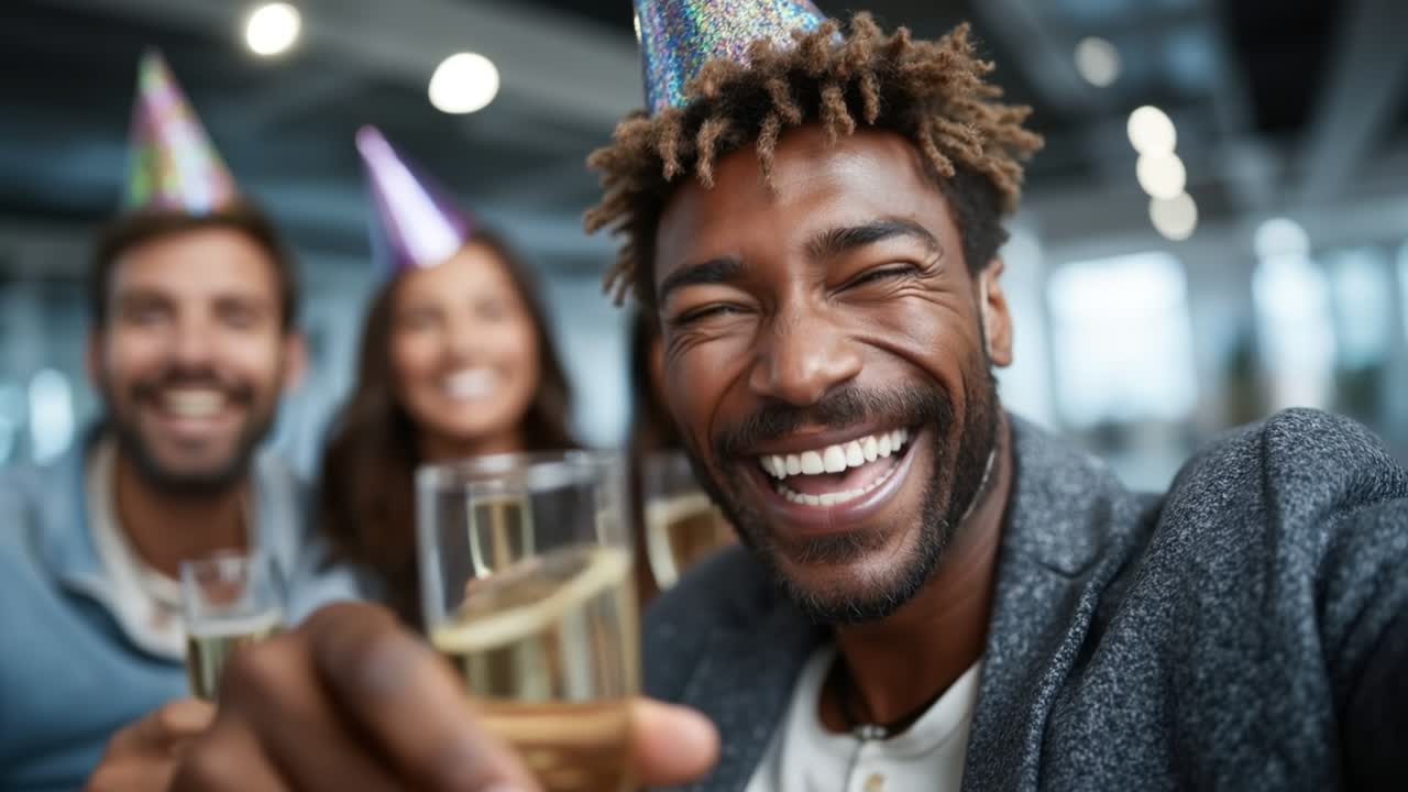 Joyful friends celebrating at party with champagne and man laughing winking at camera in foreground