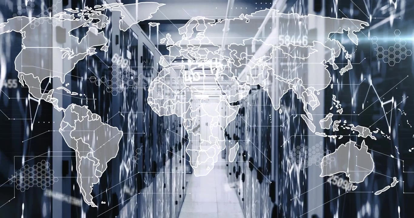 Animation of world map and data processing over computer servers
