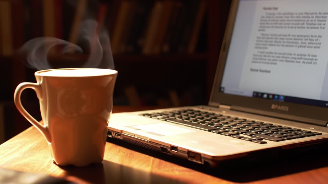 A Cozy Scene of Morning Coffee Steaming Next to a Laptop on a Wooden Table, Perfectly Capturing a Serene Atmosphere for Work and Relaxation