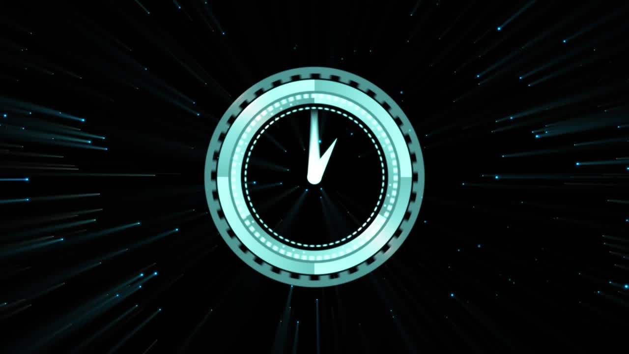 Animation of circular scope and digital interface with turning clock hands on black background