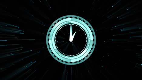 animation of circular scope and digital interface with turning clock hands on black background