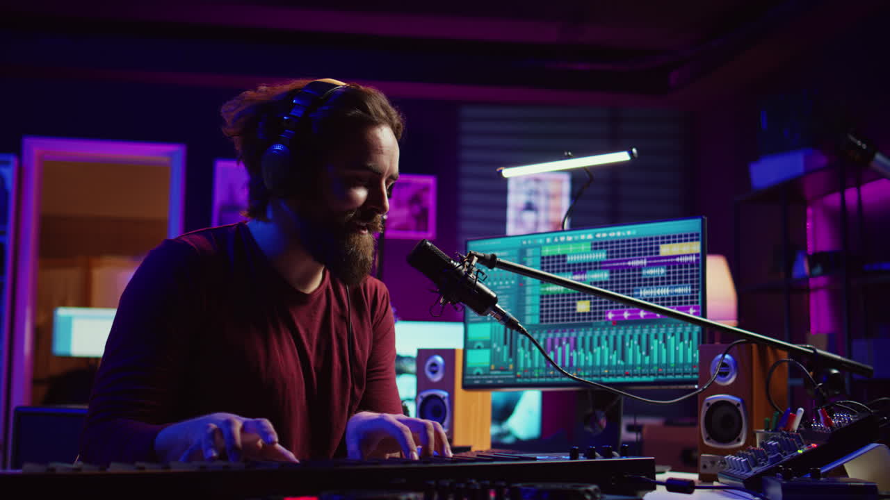 músico tocando el piano controlador midi y grabando una nueva canción