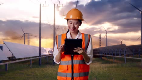 asian female engineer with safety helmet working on a tablet with solar panel and wind turbines