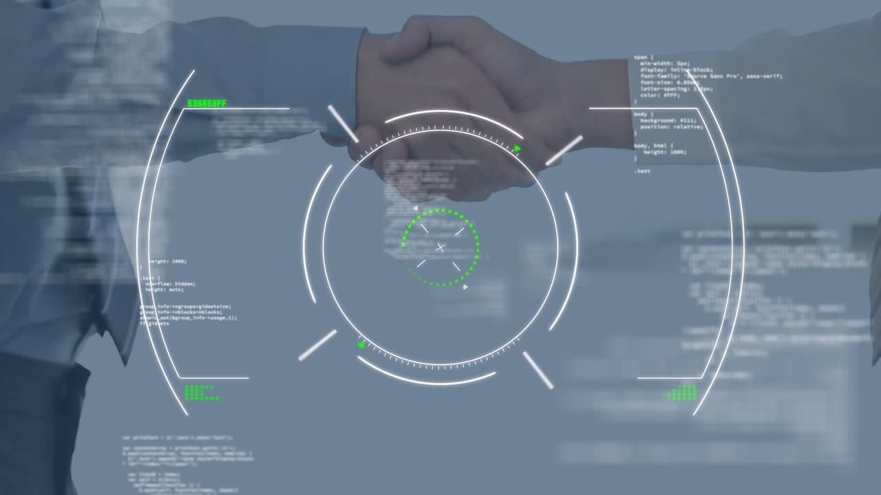 procesamiento de datos y escaneo de alcance sobre la sección media de un hombre de negocios y una mujer de negocios que se dan la mano