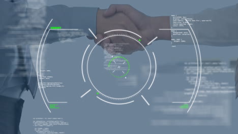 Data processing and scope scanning over mid section of businessman and businesswoman shaking hands