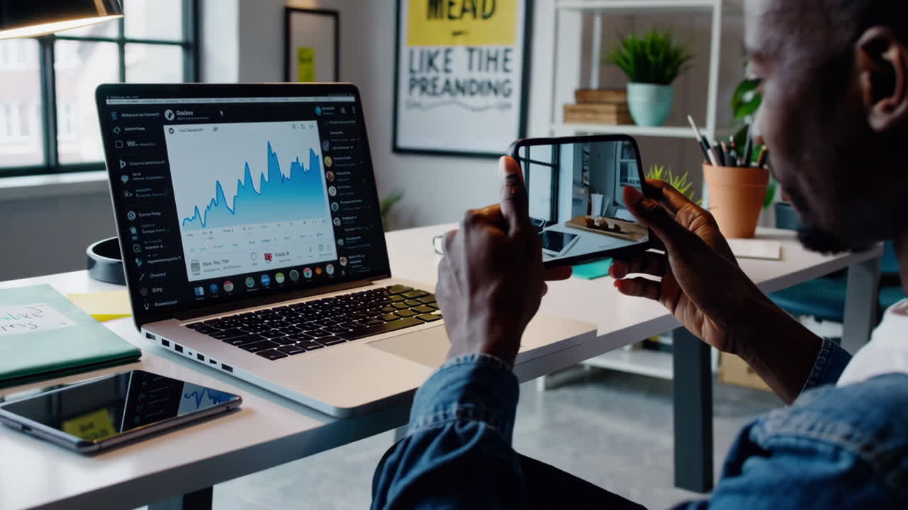 Person working on a laptop and mobile devices in a modern office space
