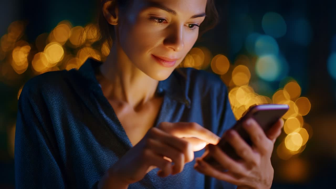 Una donna utilizza il suo smartphone in un ambiente accogliente e illuminato, con luci bokeh calde e contrastanti che creano un'atmosfera intima durante una serata rilassante.