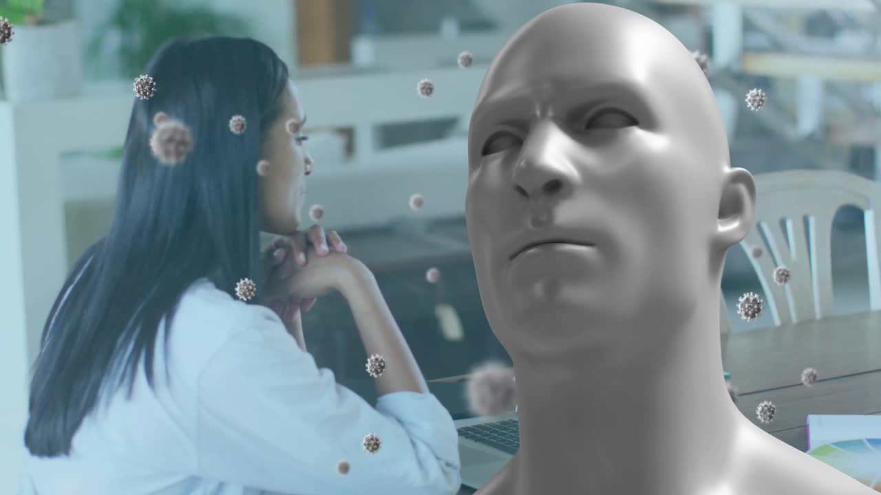 animación de busto humano y células covid 19 sobre mujer de negocios en llamada de video portátil