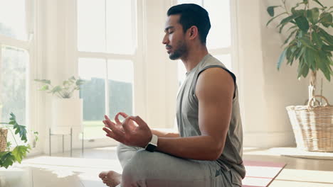 man, yoga meditation and lotus for home fitness