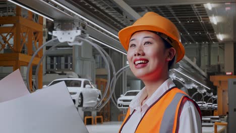 vista lateral de cerca de una ingeniera asiática con casco de seguridad mirando el plano en sus manos mientras está de pie en una fábrica de automóviles ev