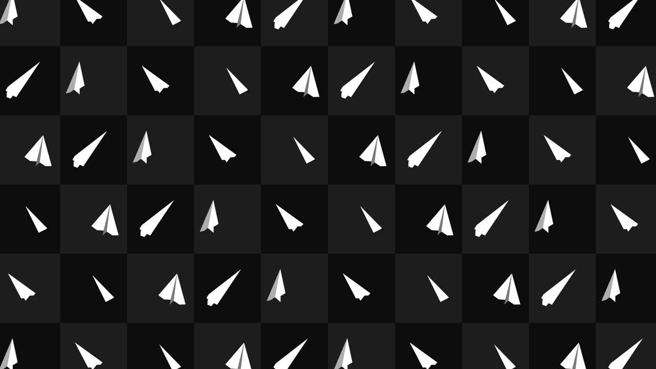 Handmade paper plane collection. Loop animation of flowing white paper plane on black background. Business connection concept. Origami airplane flying.